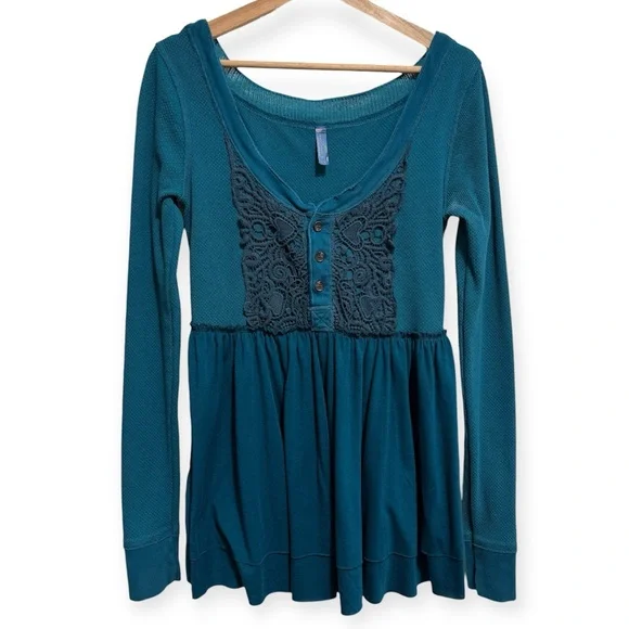 Free People Y2K Thermal Waffle Knit Lace Babydoll Top