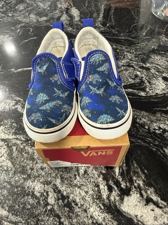 Vans Kids Slip-On Sneakers in Blue Dinosaur Pattern
