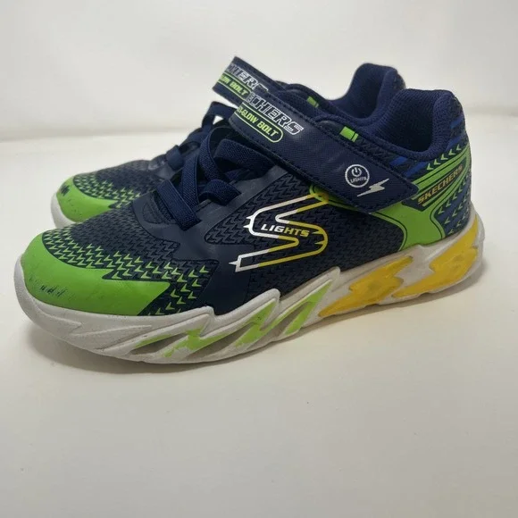 Skechers S-Lights: Boys Flex-Glow‎ Bolt Sneakers Size 2, Navy/Green/Yellow