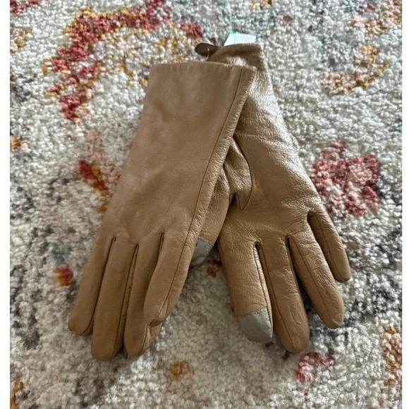 Womens Tan Leather Tech Gloves Faux Fur Lined Touchscreen Compatible Size M