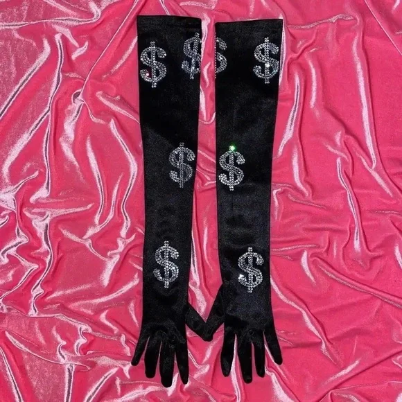 US Dollar Diamonds Gloves Women Stage Performance Black Rhinestones Long Gloves