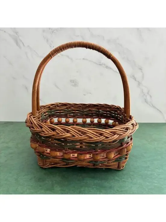Vintage Woven Wicker Gathering Basket Wood Bead Trim Bentwood Handle Cottage