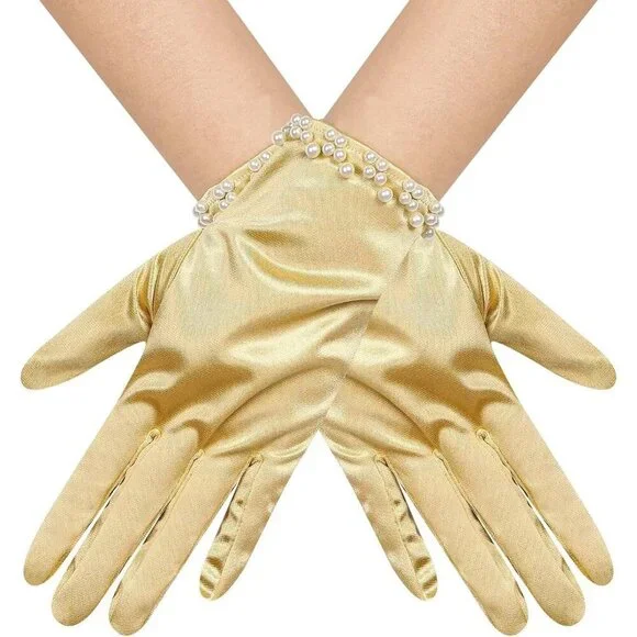 Women's Gold Satin Pearl Short Length Wrist Gloves Wedding Banquet Party Prom