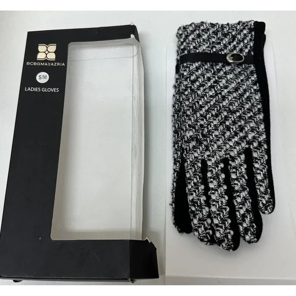 BCBG Maxazria Classic Tweed Gloves Black White Size S/M Ladies NEW