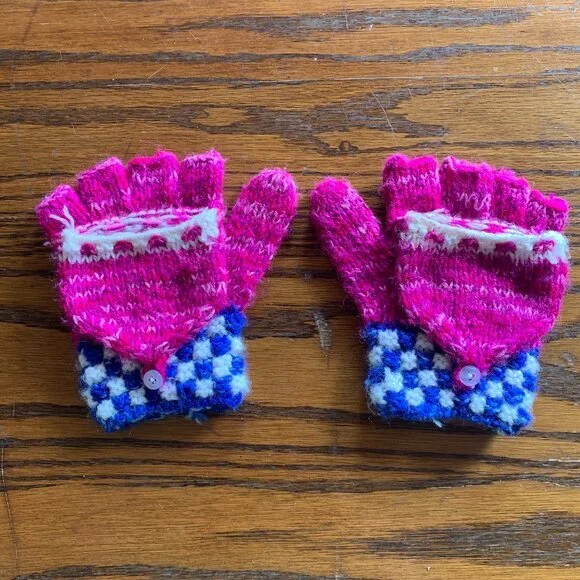 Gloves Hand Warmers Handmade Mitten Wool Fingerless Texting Pink‎ Blue Checkers
