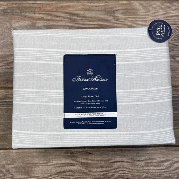 Brooks Brothers King Sheet Set Grey White Stripe 100% Cotton 4pc NEW