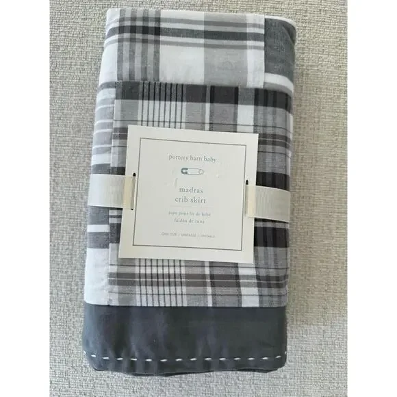 NWT POTTERY BARN Baby MADRAS CRIB SKIRT GRAY PLAID. SIZE‎ 28