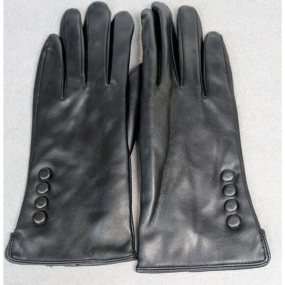 Womens Black Driving Gloves Size M PU Leather Wool Lined Classic Button Detail