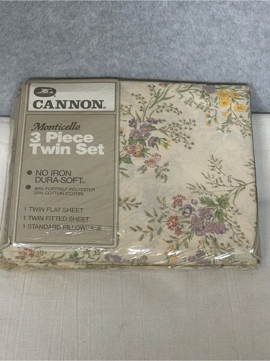 Vintage Cannon Monticello No-Iron Dura-Soft 3-Piece Floral Twin Sheet Linens Set