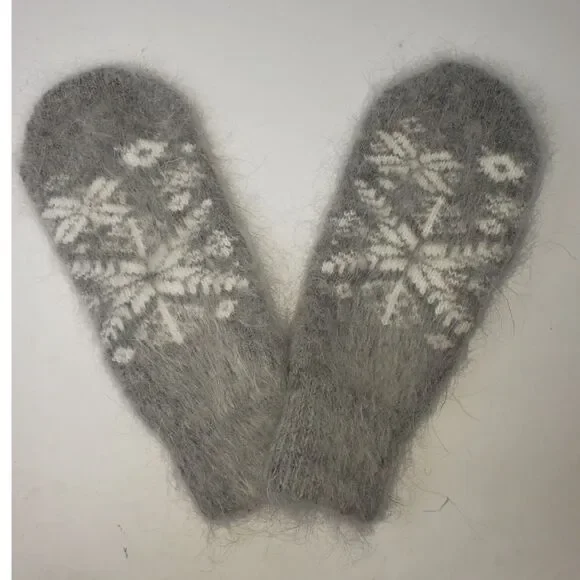 Wool Mittens Fair Isle Traditional Nordic Snow Flake Warm Soft Gray White NEW