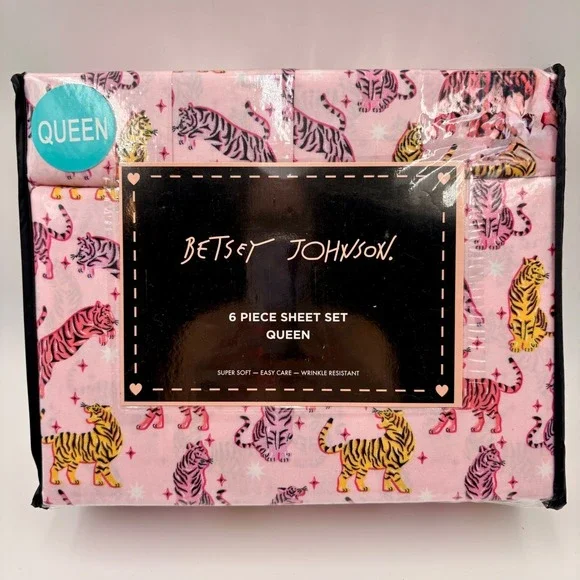 Betsey Johnson Queen Sheet Set 6 Piece Pop Tiger Pink Animal Print New