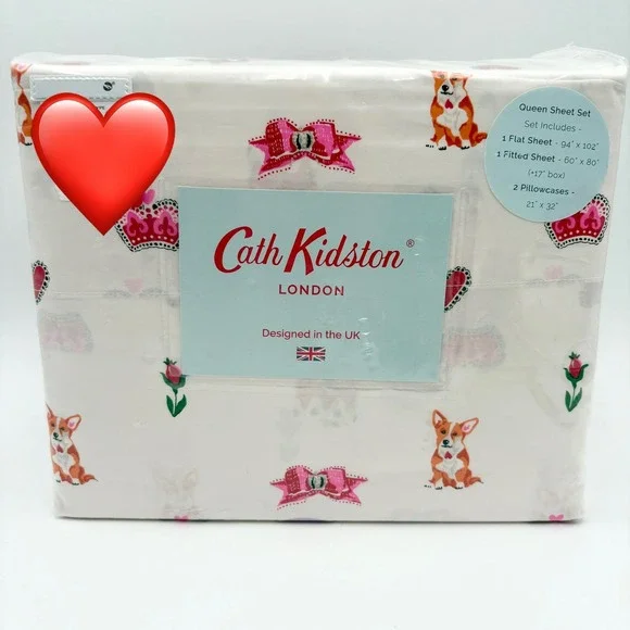 Cath Kidston Royal Ditsy Ruby Queen Sheet Set Corgi Crowns Bows Roses New‎