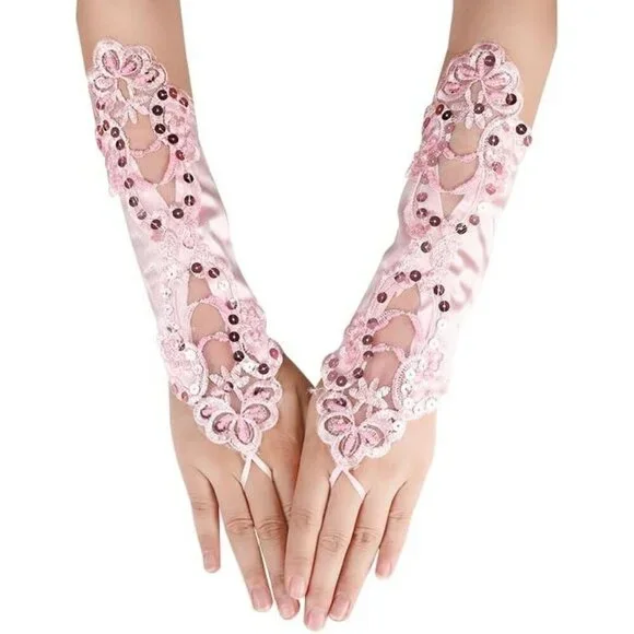 Women's A-Pink Sequins Beads Fingerless Satin Gloves Party Prom Accessories