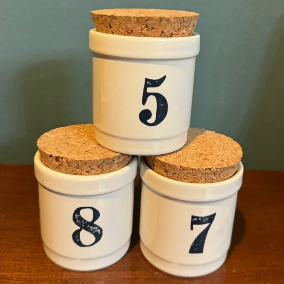 Set of 3 Anthropologie Numbered mini crocks / storage jars with cork lids