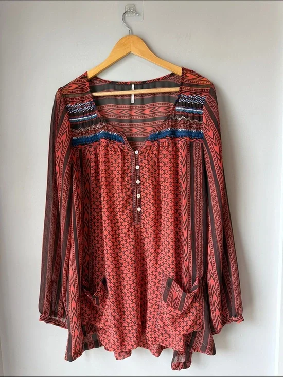 Free People Sheer Boho Beaded Oversized Blouse Tunic