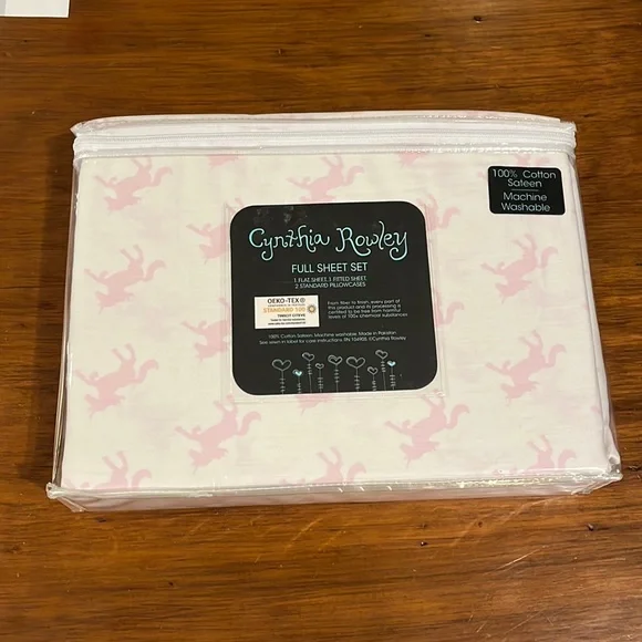 Cynthia Rowley Unicorn Full Sheet Set pink Flat Fitted + 2 standard pillowcases