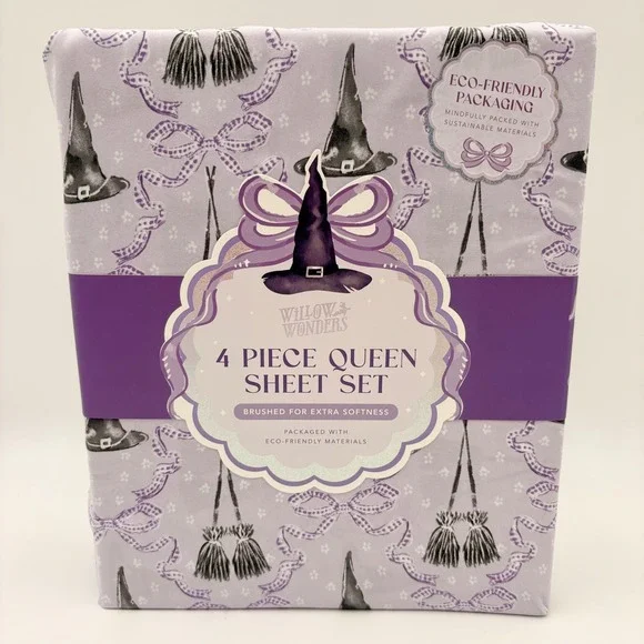 Willow Wonders Queen Sheet Set 4pc Lavender Witch Hat Broom Halloween Bedding
