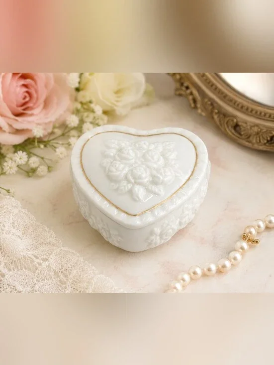 Vintage White Porcelain Heart Shaped Trinket Box Rose Floral Design Gold Trim