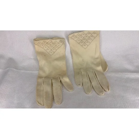 Vintage Cream Wrist Gloves Geometric Embroidered Mid-Century Formal Ivory 8.5in