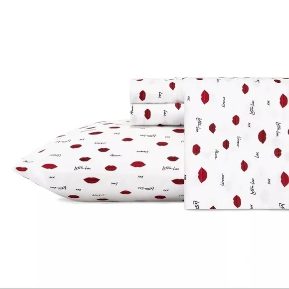 Betsey Johnson Twin Sheet Set Love Lips Red White Dorm Bedding NWT