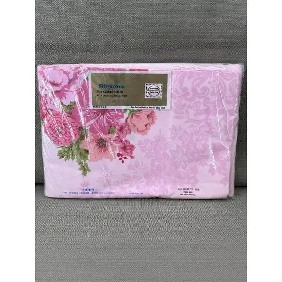 Vintage Stevens Twin Flat Sheet Pink Floral Cotton Percale NOS NIP USA MCM