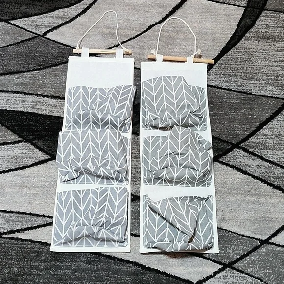 2- HOME GRAY CANVAS WATERPROOF WALL HANGING 3-POCKETS STORAGE ORGANIZER