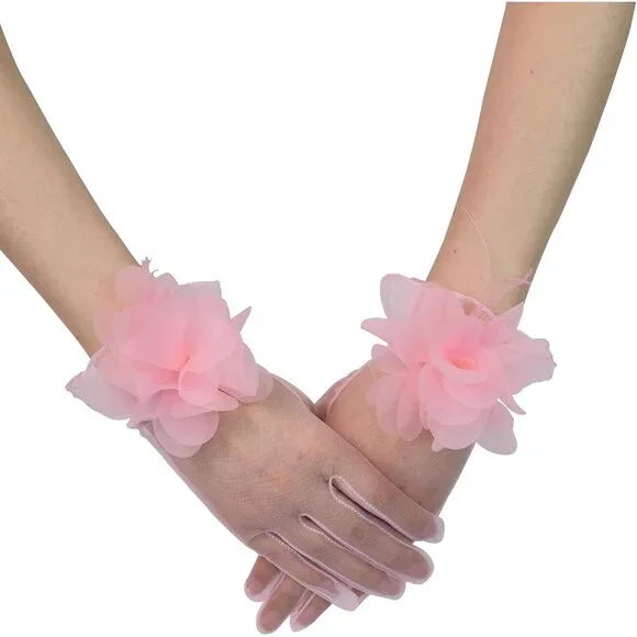 Women's Tulle Floral Short Pink Gloves Flower Design Tea Party Accessories