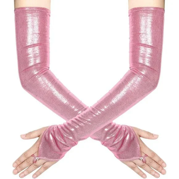 Women's Pink Shiny Elastic Satin Rave Fingerless Long Gloves Party Costume