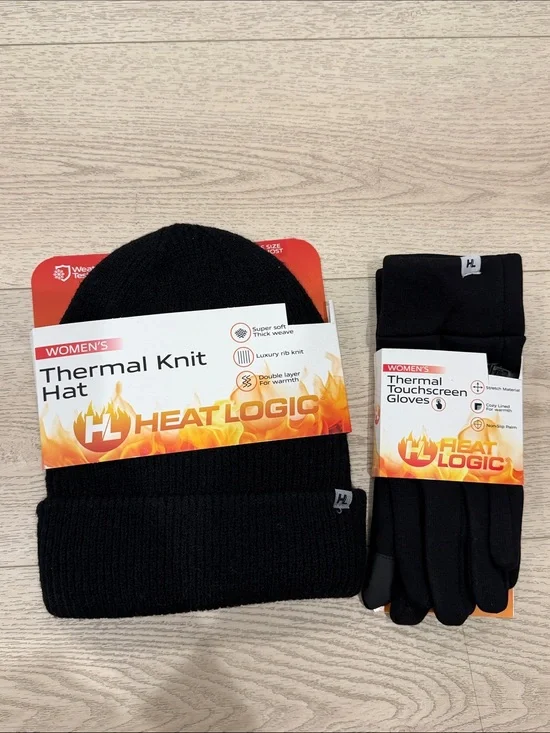 Black Thermal Knit Hat and Touchscreen Gloves Set