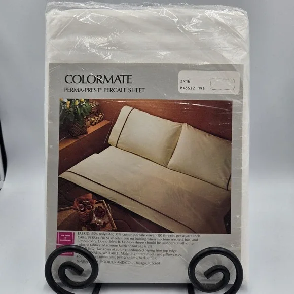 NOS VTG Sears Perma-Prest Percale Full Flat Sheet Winter White Grey Stripe USA‎