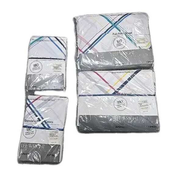 NEW Lot of 4 JC Penney‎ Lee Wright Grid Plaid Flat Fitted Sheet & Pillowcase Set