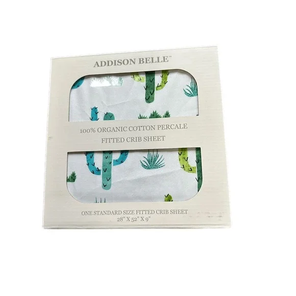 Addison Belle Organic‎ Cotton Percale Fitted Crib Sheet Cactus Print White Green