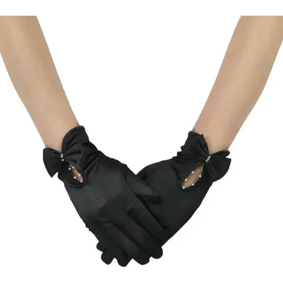 Women's Black Short Satin Bow Gloves Flapper Halloween Party Tea Accessories