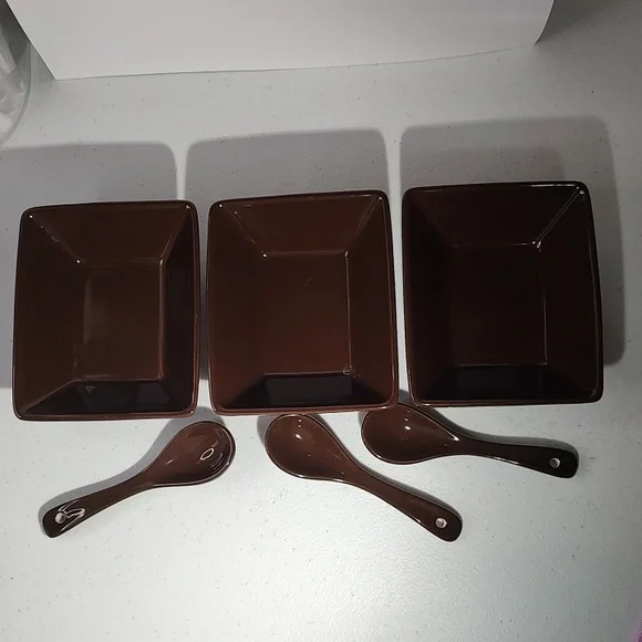 Longaberger Vitrified Pottery Set Of 3 Tasting Bowls  With Spoons In Chocolate