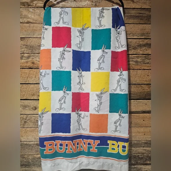 Vintage 1997 Bugs Bunny Twin Flat Sheet Warner Bros Color Block Looney Tunes Bed