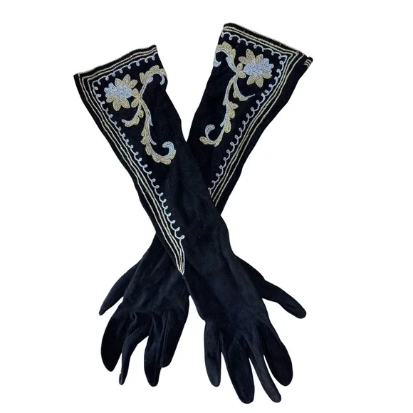 Vintage Blk Suede Opera Length Gloves Gold Silver Floral Embroidery Formal 15in