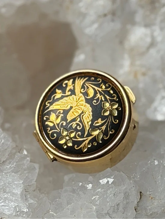 Vintage Spanish Damascene 24K Gold Foil Bird & Floral Pill Trinket Box