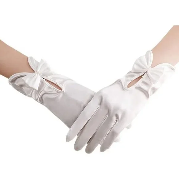 Women's White Short Satin Bow Gloves Flapper Halloween Party Tea Accessories