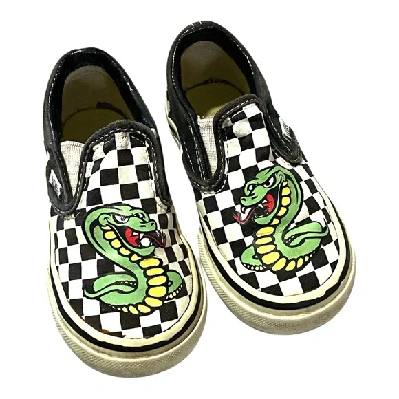 Vintage Vans Checkerboard Slip On Sneakers Toddler Size 6.5 Custom Snake Graphic