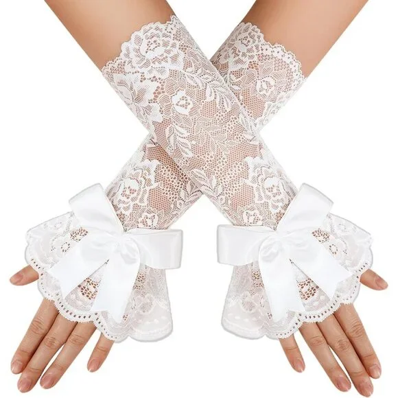 Women's Fingerless White Bow Lace Gloves Elbow Sleeve Costume Party Prom