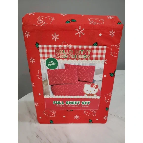 HELLO KITTY Christmas Holly FULL Size 100% Cotton‎ Red Sheet Set (snowflake)