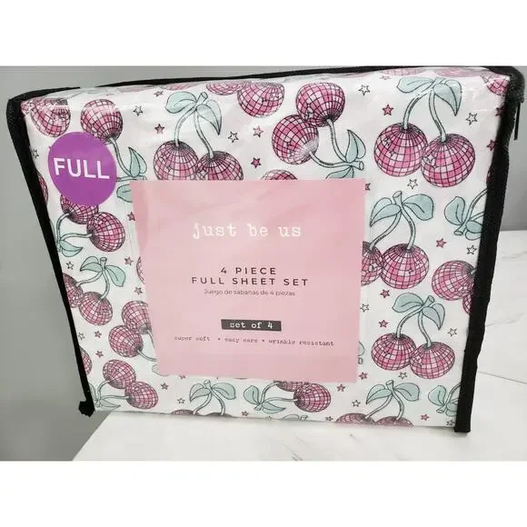 NEW Disco Ball CHERRY print bed sheets full‎ size girl bedroom pink fruit girly
