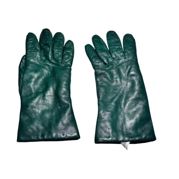 VTG Isotoner Gloves Green Leather Cashmere Winter Luxury Women Sz 8 Medium Large