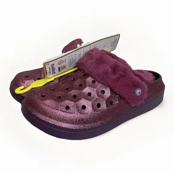 Joybees Varsity Glitter Clog Kids Size J4 Faux Fur Lined Mulberry Popinz Snowman