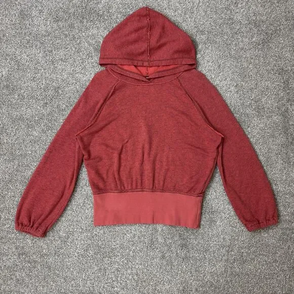 Free People Hoodie Womens M Red Terry V Neck Raglan Cropped Pullover Boho Knit