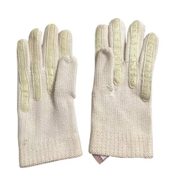 Notice Ladies Cream‎ Knit Gloves One Size Cotton Blend Palm Detail Vintage