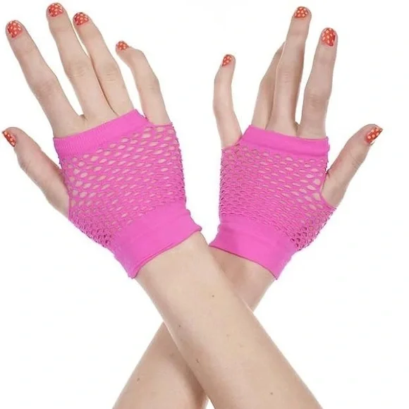 Neon Pink Fingerless Fishnet Net Nylon Gloves 80s Rave New in Package