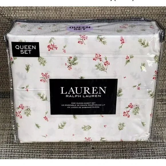 Lauren Ralph Lauren Red Green White Forest Holiday Cotton QUEEN Sheet Set 4pc