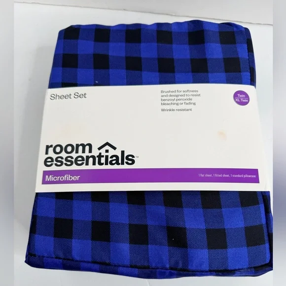 NWT Room Essentials Microfiber Sheet Set Twin XL Blue‎ Buffalo Plaid Bedding