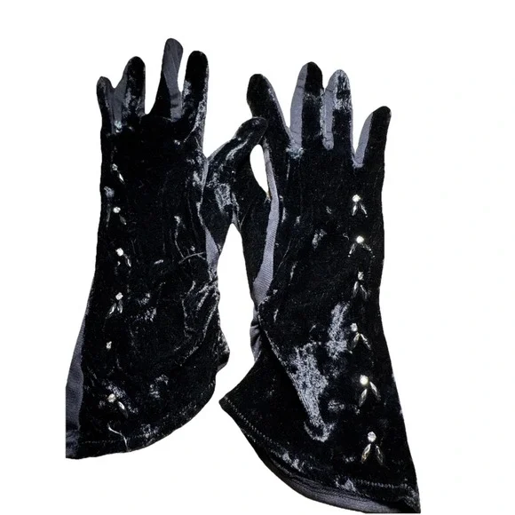 Vintage Fownes Velour Velvet Black Gloves  SZ 6 Rhinestones Silk Rayon Nylon